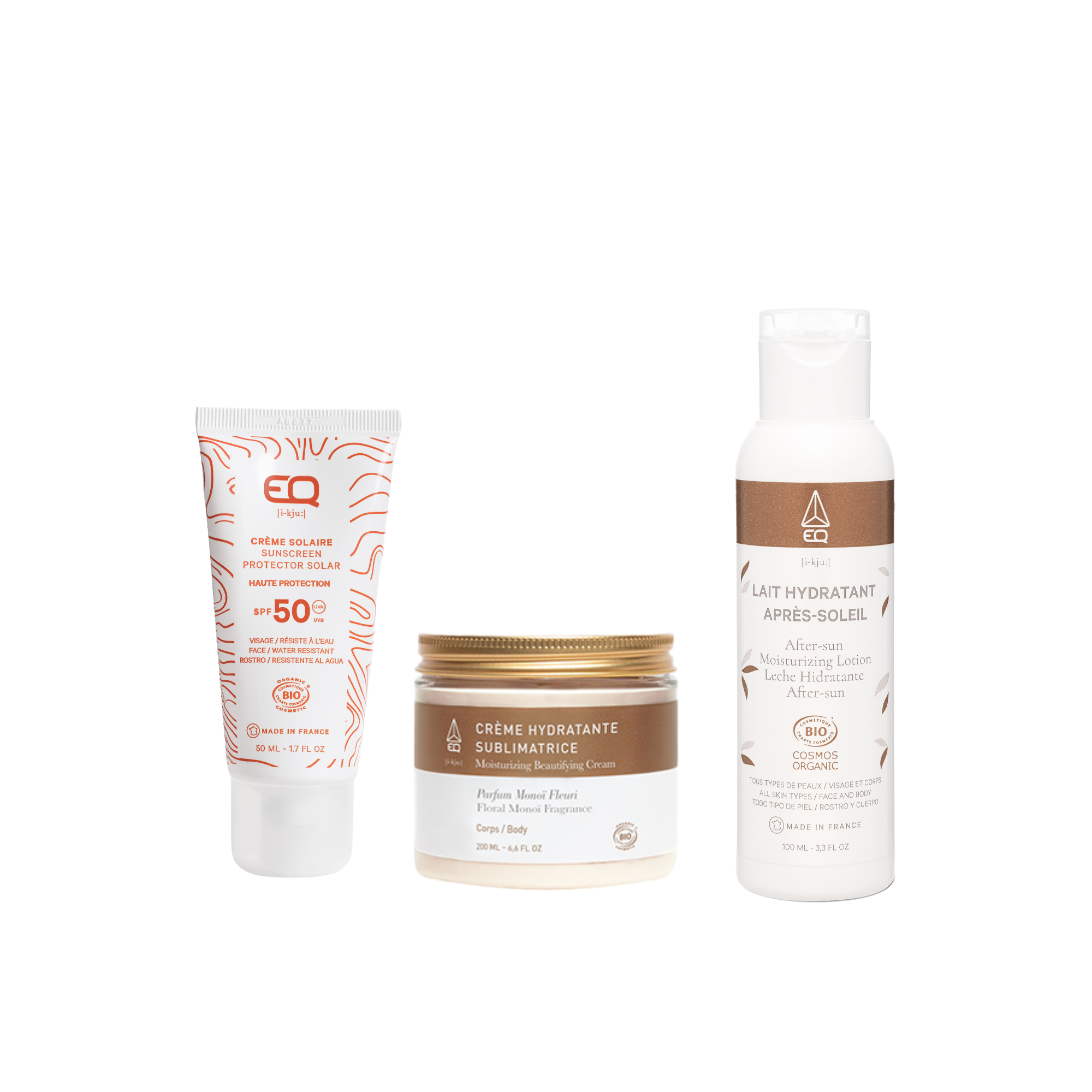 Trio Rituel Solaire EQ crème solaire lait après soleil et crème sublimatrice